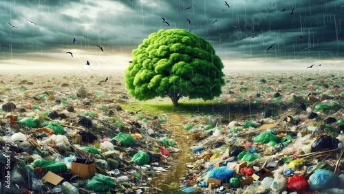 Pollution of the planet with household waste and garbage. A lot of garbage against the background of a beautiful tree and flying birds. Climate change. photo