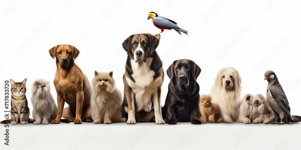  Group birds dogs and cats  together. Pigeon white background.