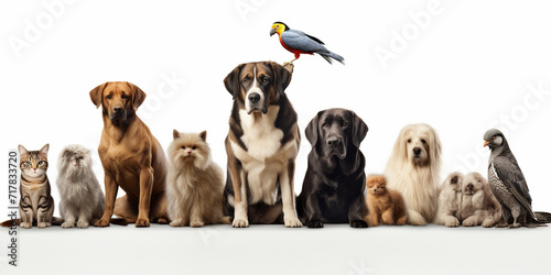  Group birds dogs and cats together. Pigeon white background.