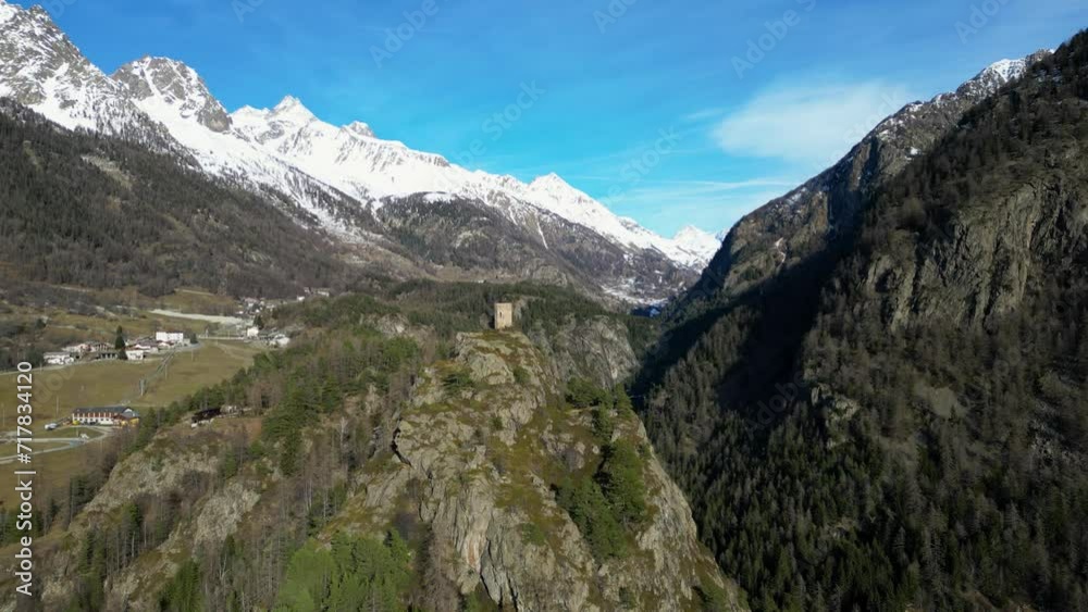 Aerial view with drone of the Tornalla tower Aosta Valley Italy front view Aerial view with drone of the Tornalla tower Aosta Valley Italy front view