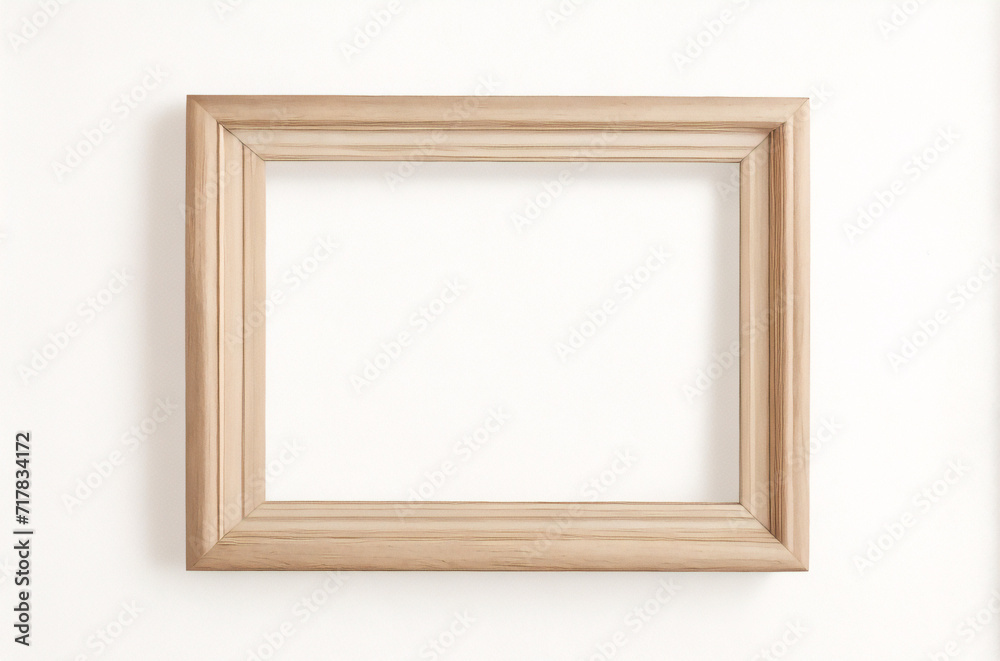 Marco vertical rectangular fino de madera clara colgado en una pared con textura blanca, plano, vista superior, ilustración 3D. Marco vertical rectangular fino de madera clara colgado en una pared con textura blanca, plano, vista superior, ilustración 3D.