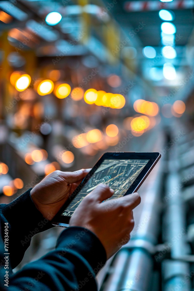 A man controls a robot from a tablet. Selective focus. A man controls a robot from a tablet. Selective focus.