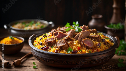 aromatic essence of traditional lamb biryani in a side-view shot, beautifully presented on a rustic wooden table the layers of fragrant rice