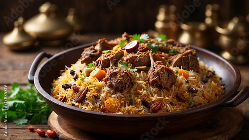 aromatic essence of traditional lamb biryani in a side-view shot, beautifully presented on a rustic wooden table the layers of fragrant rice