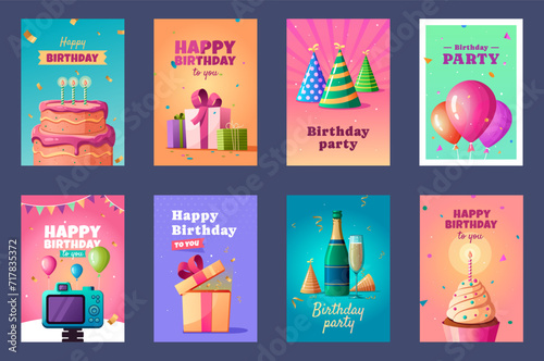 Set of Birthday cards with cake, gift box, balloons. Birthday party, invitation concept. Postcard, card