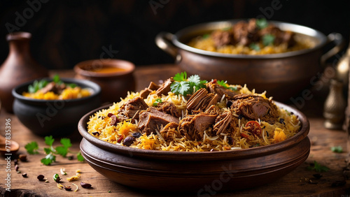 aromatic essence of traditional lamb biryani in a side-view shot, beautifully presented on a rustic wooden table the layers of fragrant rice