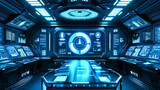 Futuristic Technology in a Spaceship Interior: Blue Lights and Modern Design, Symbolizing Sci-Fi and Innovation