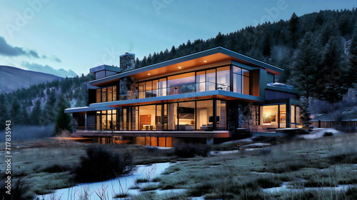 An energy-efficient modern mountain residence featuring a geothermal heating system that harnesses the warmth of the earth to create a sustainable and environmentally friendly haven photo