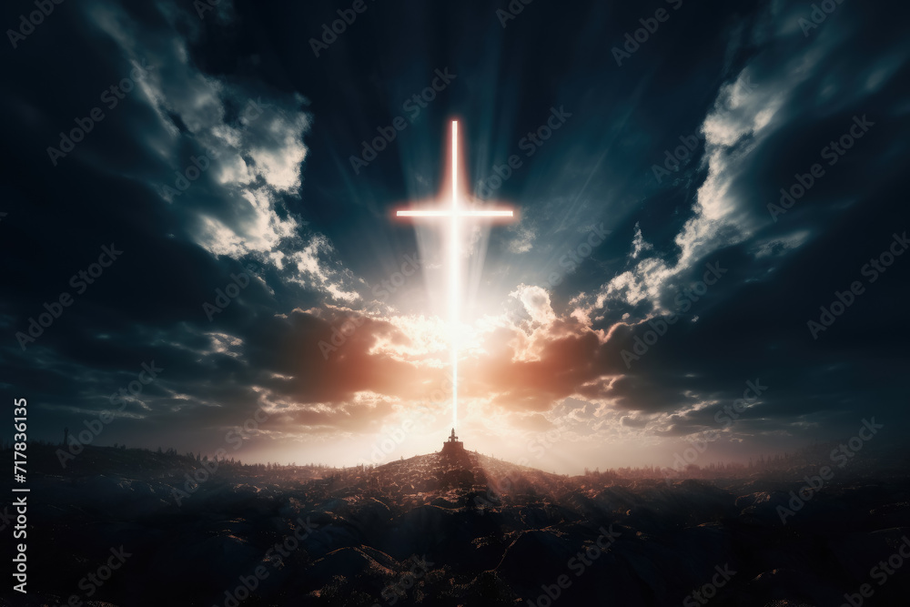 Cross of light in the sky , The crucifix symbol of Jesus , Jesus ascends to heaven scene