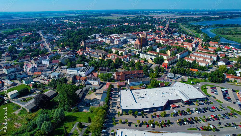 Aerial view around the town Anklam in Germany on a sunny day in summer