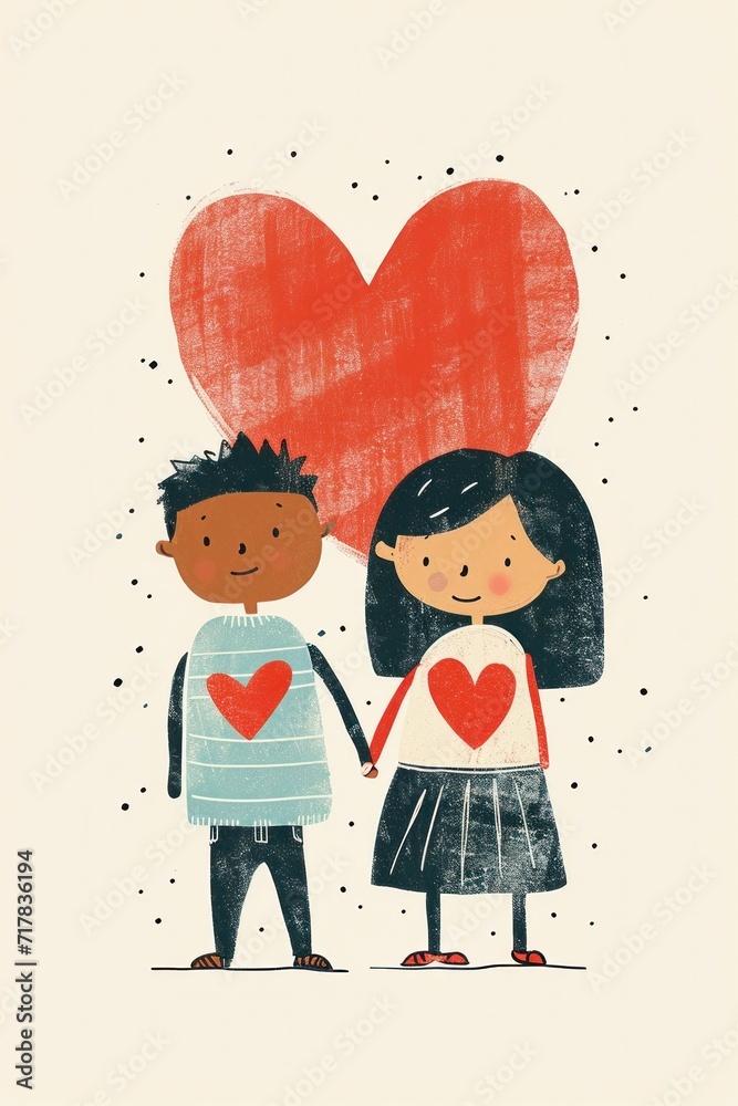 Sweet Valentine's Day card illustration of a couple sharing a red heart. Sweet Valentine's Day card illustration of a couple sharing a red heart.