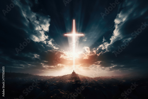 Cross of light in the sky , The crucifix symbol of Jesus , Jesus ascends to heaven scene