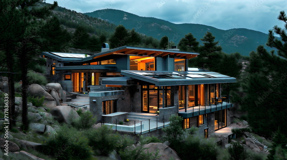 View of An energy-efficient modern mountain residence featuring a geothermal ...