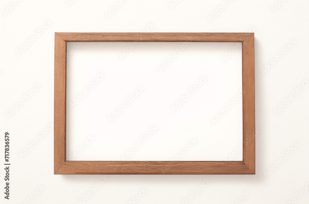 Marco vertical rectangular fino de madera clara colgado en una pared con textura blanca, plano, vista superior, ilustración 3D. Marco vertical rectangular fino de madera clara colgado en una pared con textura blanca, plano, vista superior, ilustración 3D.