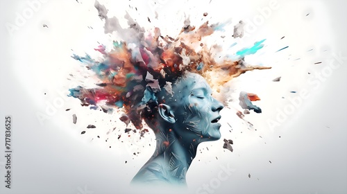 Mental health concept. Psychotherapy and mental issues concept. Man in paint splatter in hair. photo