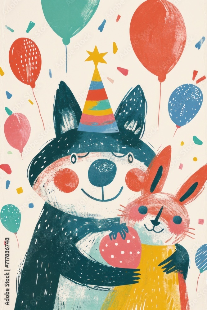 Adorable woodland creatures wear party hats, bringing birthday cheer to the illustration. Adorable woodland creatures wear party hats, bringing birthday cheer to the illustration.