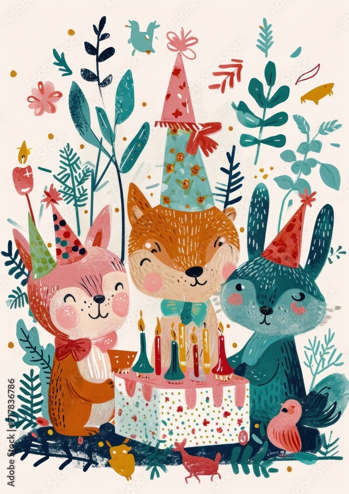 Adorable woodland creatures wear party hats, bringing birthday cheer to the illustration.