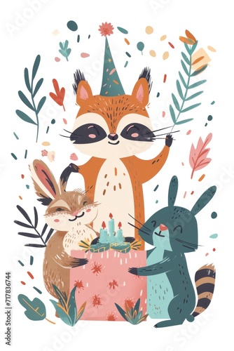 Birthday festivities come alive as sweet forest animals don hats and celebrate on the greeting card.