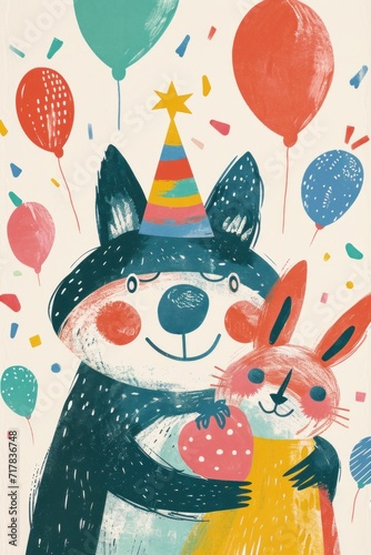 Adorable woodland creatures wear party hats  bringing birthday cheer to the illustration.