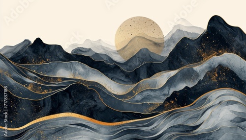 Abstract watercolor and golden with black ink mountains landscapes. Wavy lines. Fluid brush strokes photo
