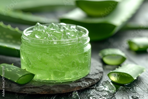 aloe gel in a cosmetic jar and fresh aloe leaves on a wooden table