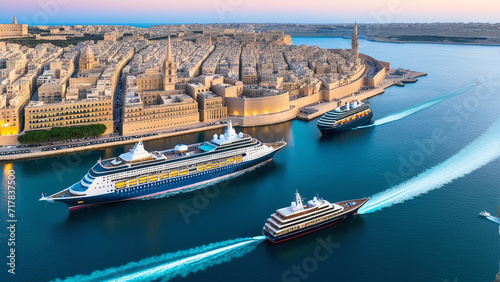 Sunset Harbor View: Luxury Cruise Ships Docked by the Historic Cityscape