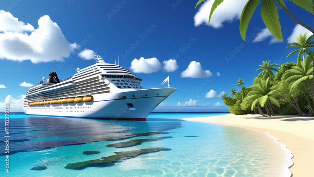 Luxury Cruise Ship Anchored Near a Tropical Island Paradise