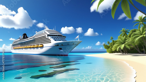 Luxury Cruise Ship Anchored Near a Tropical Island Paradise © ShareareKhan