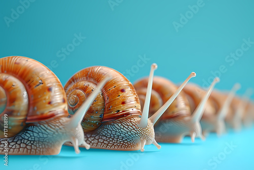 Tiny lymnaeidae invertebrates crawl along the smooth blue surface, their spiral shells glinting in the sunlight as they journey towards the sea photo