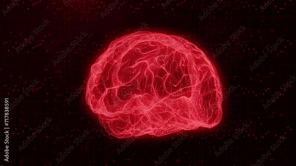 Red Brain Neural Network: Glowing Animation of Artificial Intelligence and Neurological Signals