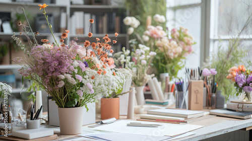 Bouquet of flowers on the desktop. A trendy workspace where a florist creates custom arrangements. Bright office, colored bouquets on the desk of a florist designer. Flower delivery. photo