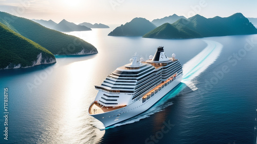 Luxury Cruise Ship Sailing Through Picturesque Mountainous Islands at Sunset