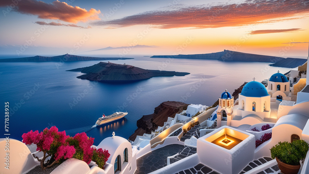Santorini Sunset: A Breathtaking View of the Aegean Sea and Iconic Blue Domes - obrazy, fototapety, plakaty 
