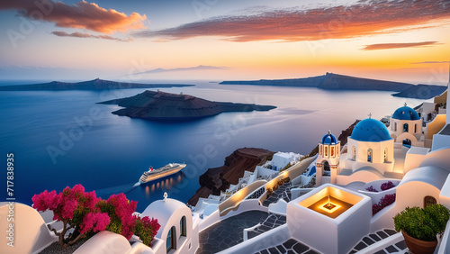 Santorini Sunset: A Breathtaking View of the Aegean Sea and Iconic Blue Domes photo