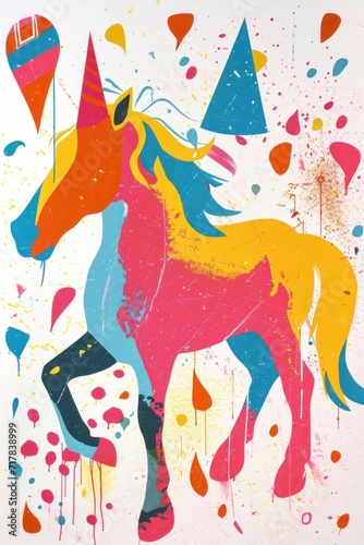 A lively birthday scene with a cute horse surrounded by color.
