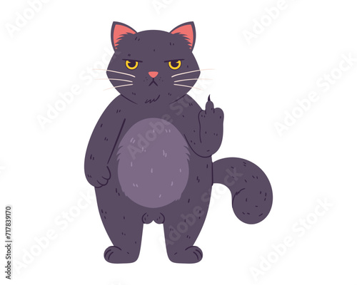 Grumpy cat a fat fluffy feline gray with yellow eyes. A frustrated character who doesn't like anything And he shows paw with his middle finger