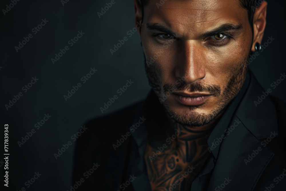  tanned skin, hot and attractive Italian mafia billionaire with a tattoo on his neck , wearing a luxurious black suit. Looking at camera with piercing and sensual gaze . - obrazy, fototapety, plakaty 