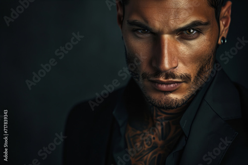  tanned skin, hot and attractive Italian mafia billionaire with a tattoo on his neck , wearing a luxurious black suit. Looking at camera with piercing and sensual gaze . photo