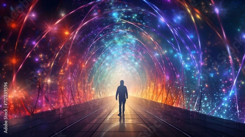 Cosmic Journey: Captivating Traveler Through Vibrant Light Tunnel, Gaining Positive 
