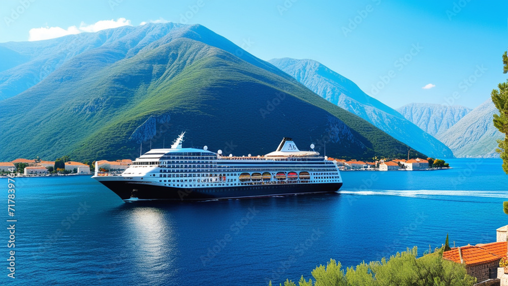 Luxury Cruise Ship Docked Near a Quaint Coastal Village with Majestic Mountains