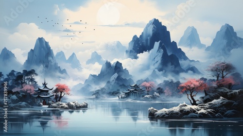 Fotografia Asian mountain landscape. Neural network AI generated art