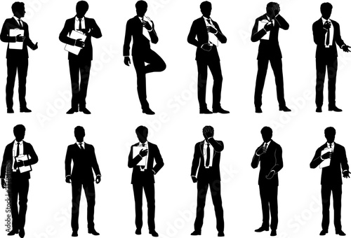Silhouette business people set. Smartly dressed men in suits and ties, some with clipboards.