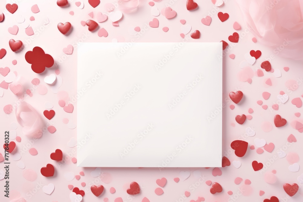 White Valentine's Day card on a pink background with hearts around. Celebrating wedding, anniversary or birthday concept with copy space, flatlay layout