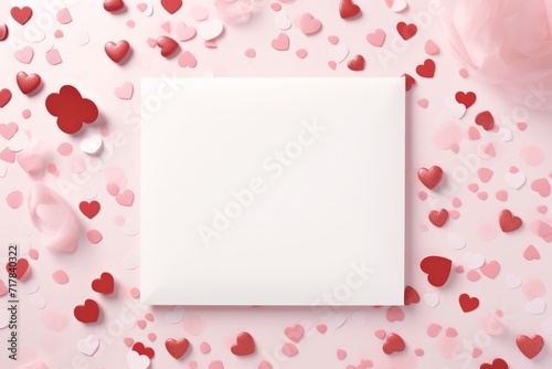 White Valentine's Day card on a pink background with hearts around. Celebrating wedding, anniversary or birthday concept with copy space, flatlay layout © Tatiana