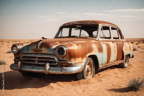 old classic wreck of retro vintage car left rusty ruined and damaged abandoned in the Sahara desert and lost forgotten concepts as copyspace banner