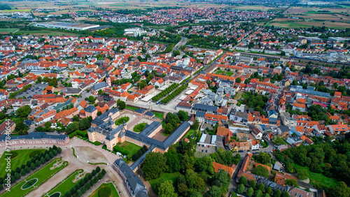 Aerial view around the city Schwetzingen in Germany on a sunny summer day