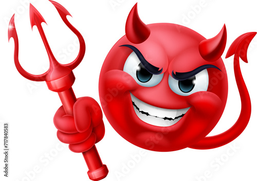 A red devil or satan emoji emoticon man face holding a trident, pitchfork or pitch fork cartoon icon mascot.