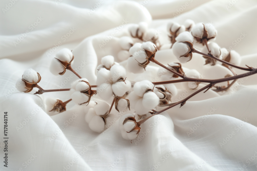 Cotton plant on a soft fabric. Background image. Created with Generative AI technology