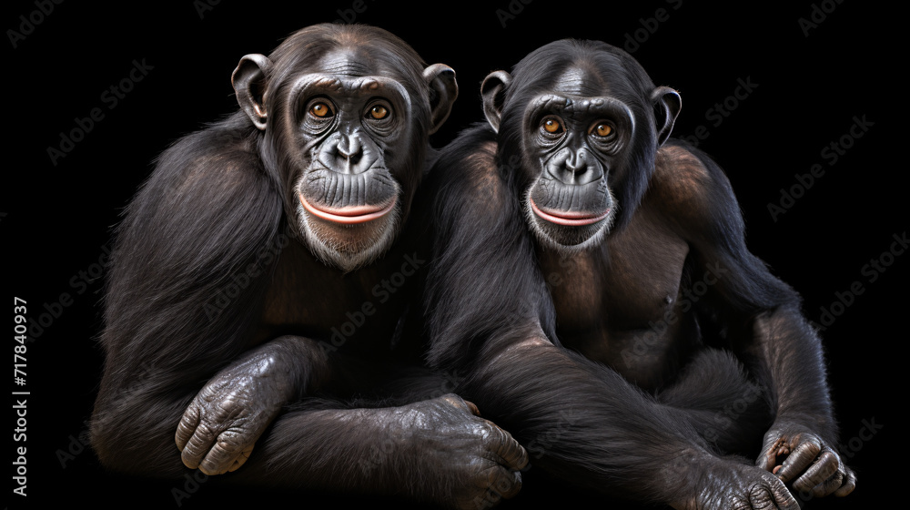 Chimpanzee sitting on the floor, isolated on black background Chimpanzee sitting on the floor, isolated on black background