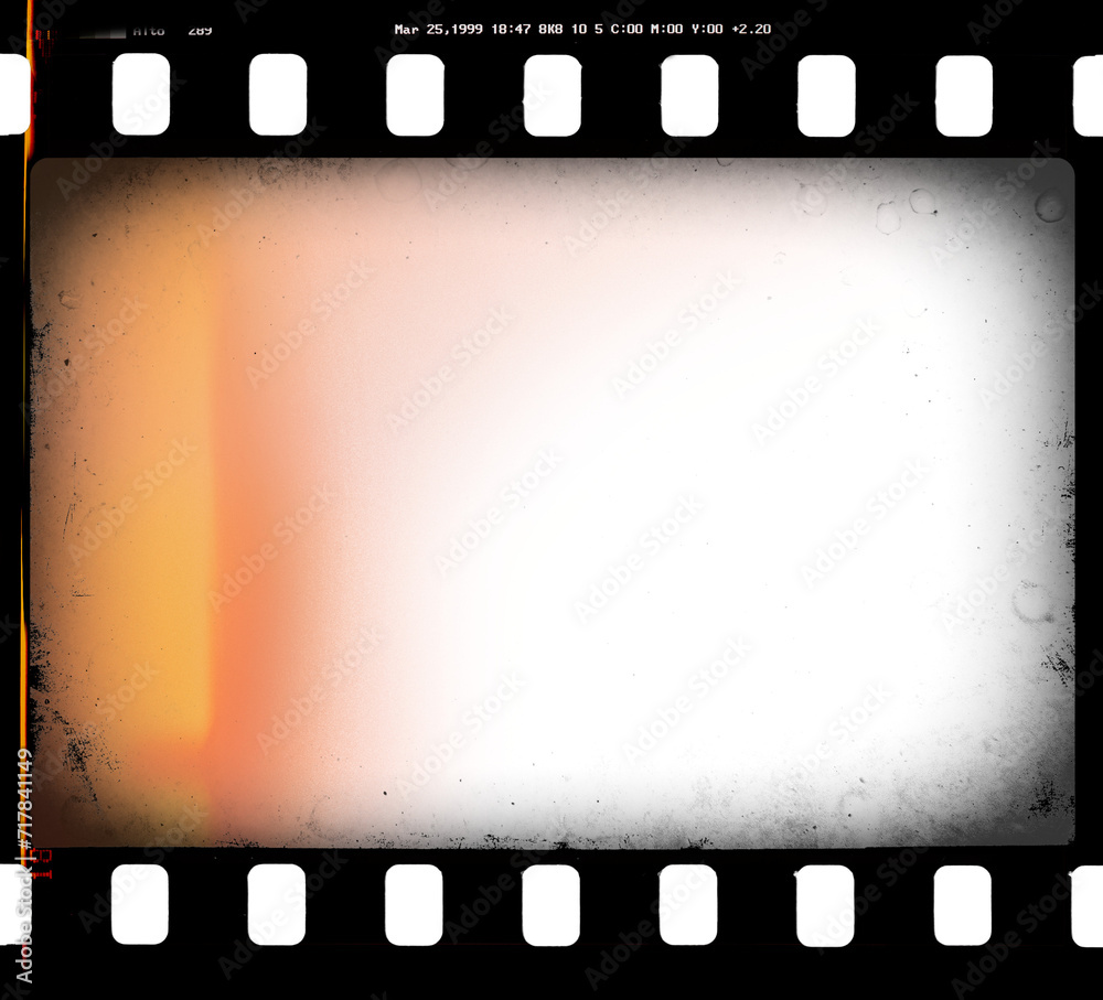 Artistic 35mm film strip template with transparent frame cell and background (PNG image) with dusts and scratches and film burn-in, light leak and vignetting for retro film simulation (PNG image)